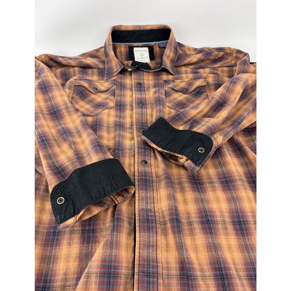 Rough Stock Panhandle XL Orange Plaid Contrast Cuff Pearl Snap Long Sleeve Shirt